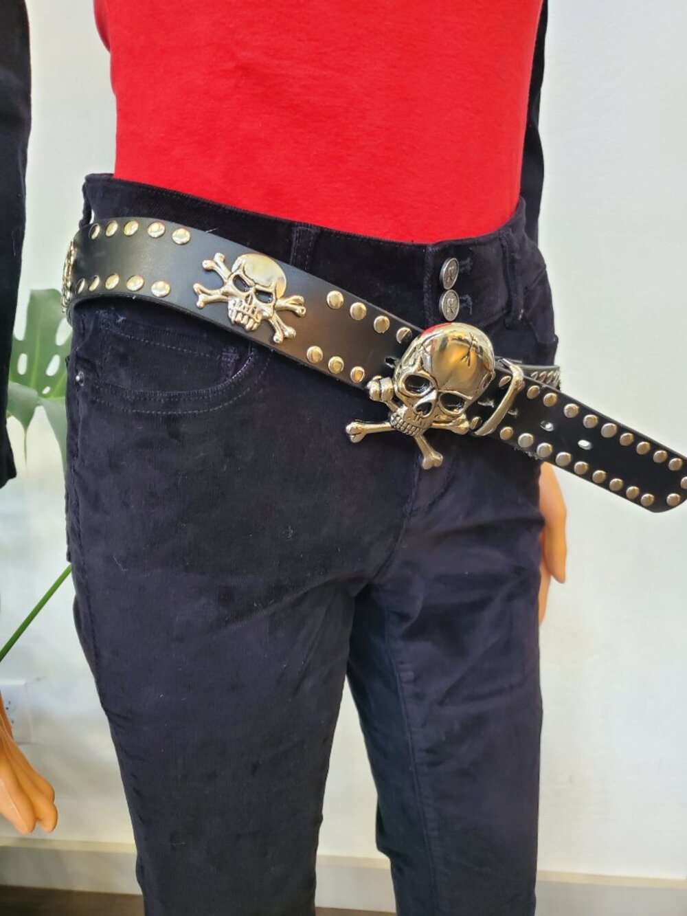 Belt & Skull Buckle with 7 Skulls Total Rock Y2K Black Faux Leather Metal Studs